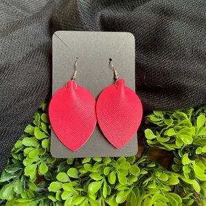 Faux Leather Hot Pink Leaf Drop Earrings